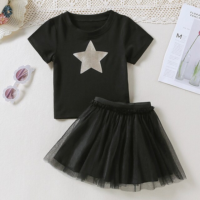 

Kids Girls' T-shirt Skirt Clothing Set 2 Pieces Short Sleeve Black Star Ruched Mesh Indoor Outdoor Cute Sweet Regular Above Knee 2-8 Years