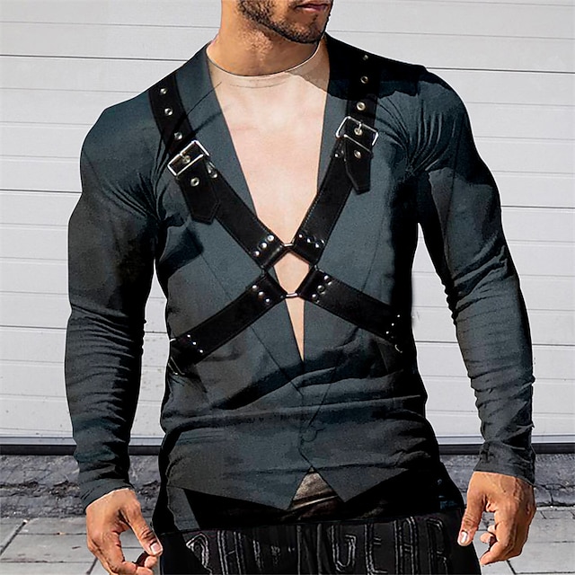 

Men's T shirt 3D Print Graphic Belt Crew Neck Casual Daily Print Long Sleeve Tops Basic Fashion Designer Slim Fit Gray Dark Gray