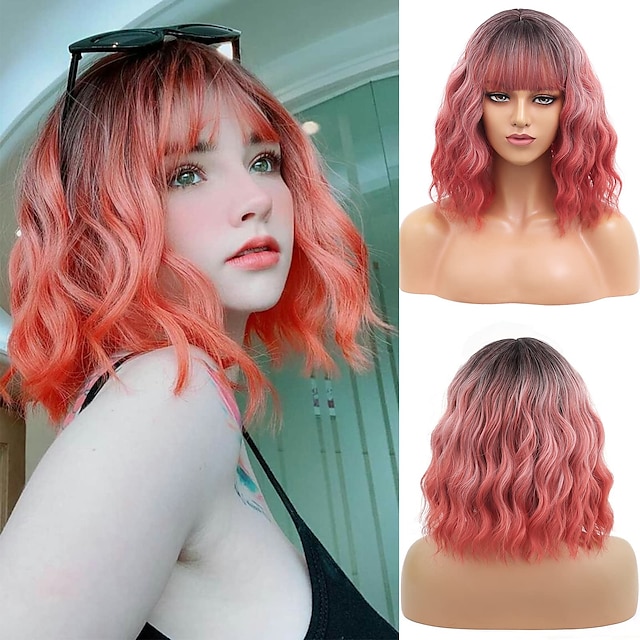 Beauty & Hair Wigs & Hair Pieces | Pink Wigs Pink Wig with Air Bangs Short Soft Wavy Wig Shoulder Length Colorful Wig for Women 