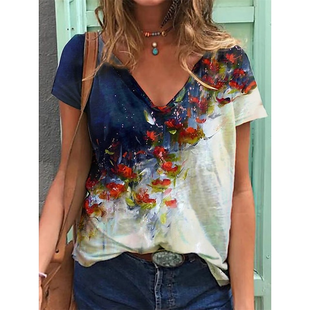 

Women's Floral Theme T shirt Floral Plants Print V Neck Basic Tops Blue / 3D Print
