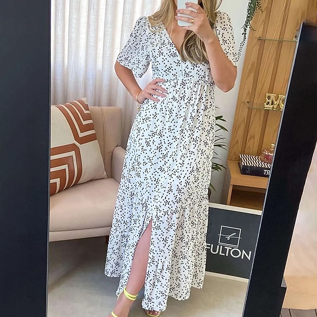 

Women's Casual Dress Maxi long Dress White Black Short Sleeve Print Print Spring Summer V Neck Casual Vacation 2022 S M L XL