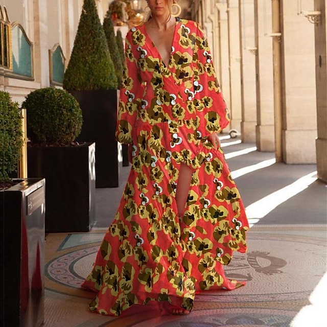 

Women's Swing Dress Maxi long Dress Blue Black Red Yellow Long Sleeve Floral Split Print Spring Summer Deep V Elegant Vacation Vintage 2022 S M L XL XXL