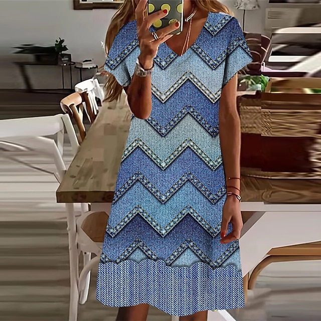 

Women's A Line Dress Knee Length Dress Blue Short Sleeve Geometric Print Spring Summer V Neck Stylish Casual Modern 2022 S M L XL XXL 3XL