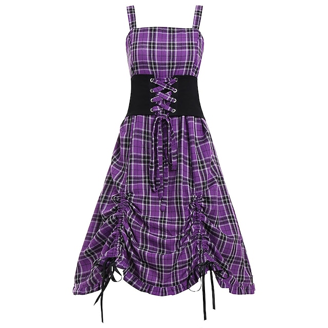

Women's A Line Dress Midi Dress Purple Khaki Red Short Sleeve Plaid Print Spring Summer Square Neck Personalized Stylish Modern 2022 S M L XL XXL 3XL 4XL 5XL