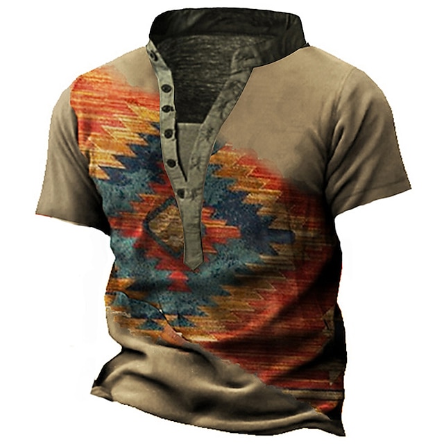 

Men's Henley Shirt Tee T shirt 3D Print Graphic Argyle Henley Casual Daily Button-Down Print Short Sleeve Tops Fashion Vintage Retro Big and Tall Brown / Summer