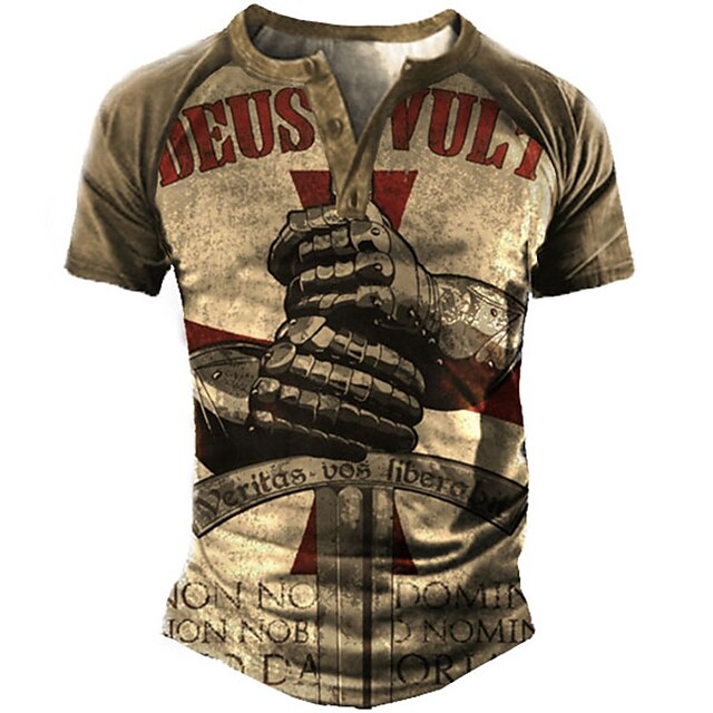 

Men's Henley Shirt Tee T shirt 3D Print Graphic Hand Henley Casual Daily Button-Down Print Short Sleeve Tops Fashion Vintage Big and Tall Military Style Khaki / Summer