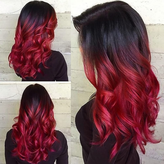  perruque noire à rouge femmes longue perruque ondulée côté couleur synthétique résistant à la chaleur perruque pour costume de fête de tous les jours halloween perruques de fête de noël