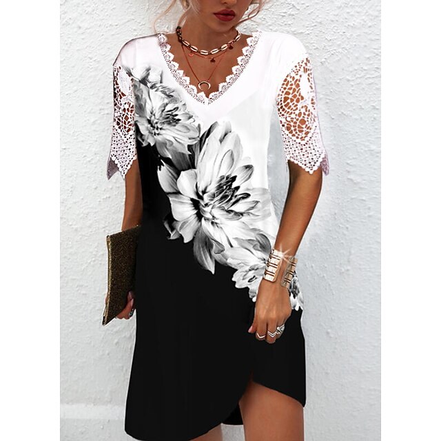 Robe courte courte Robe Trapèze Femme Automne Printemps Demi Manches