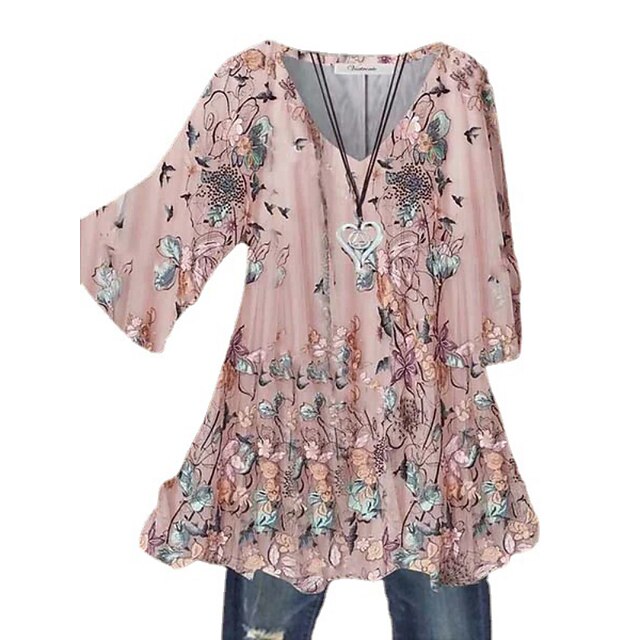 

Women's Plus Size Tops Blouse Floral Print Long Sleeve Crewneck Streetwear Daily Going out Polyester Spring Summer Green Blue