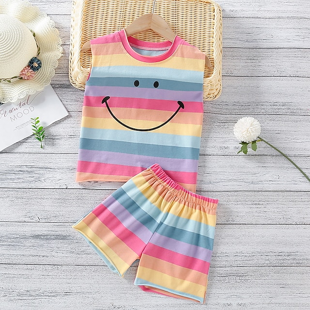 

Kids Girls' T-shirt Shorts Clothing Set 2 Pieces Sleeveless Rainbow Cartoon Patchwork Print Indoor Outdoor Cute Sweet Regular 1-5 Years