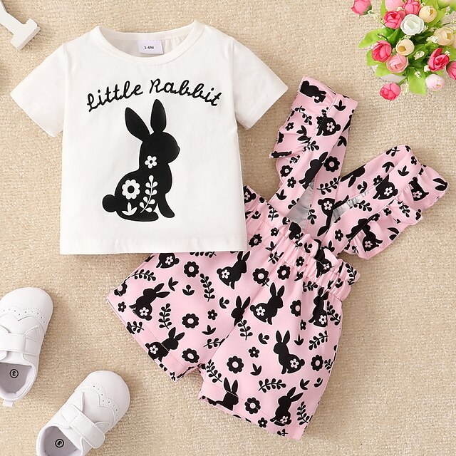 

Toddler Girls' T-shirt Shorts Clothing Set 2 Pieces Short Sleeve Pink Floral Cartoon Rabbit Ruffle Print Indoor Outdoor Cute Sweet Regular 1-4 Years