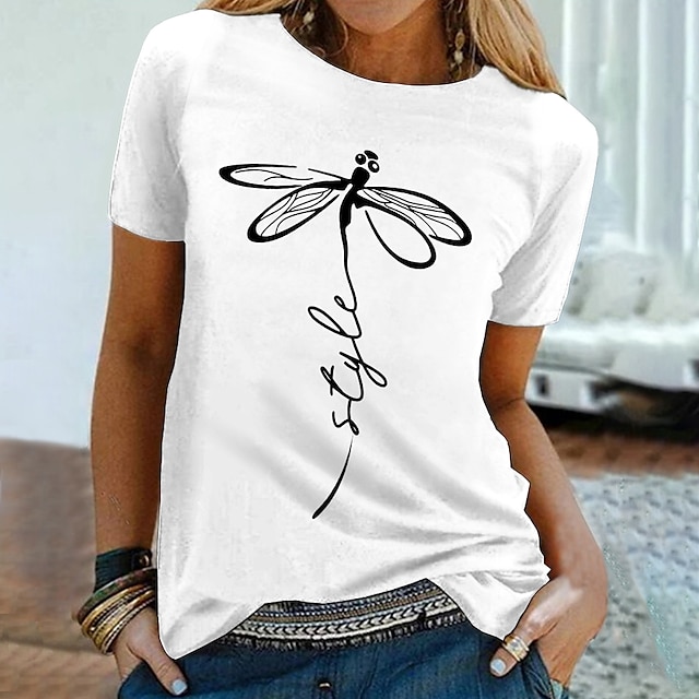 

Women's Painting T shirt Animal Print Round Neck Basic Tops White Black Gray