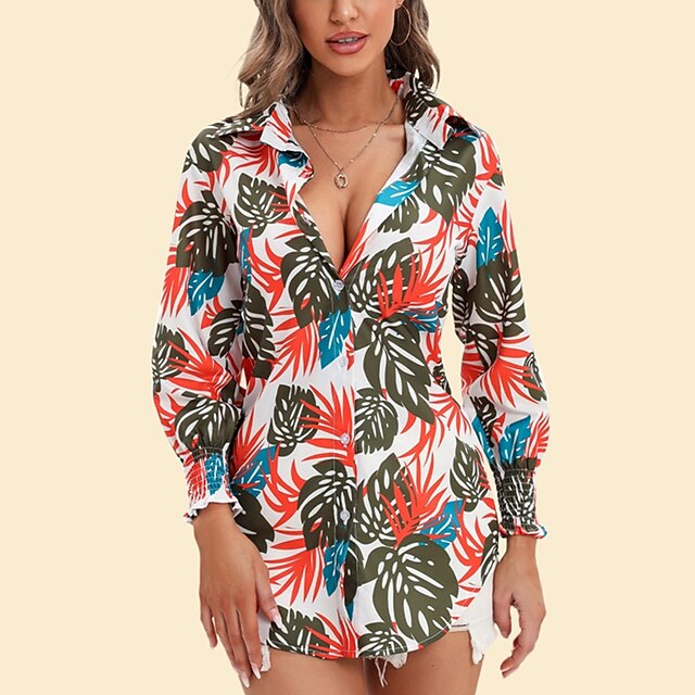 

Women's Floral Theme Geometric Blouse Shirt Geometric Flower Print Shirt Collar Elegant Casual Tropical Tops White Red Yellow