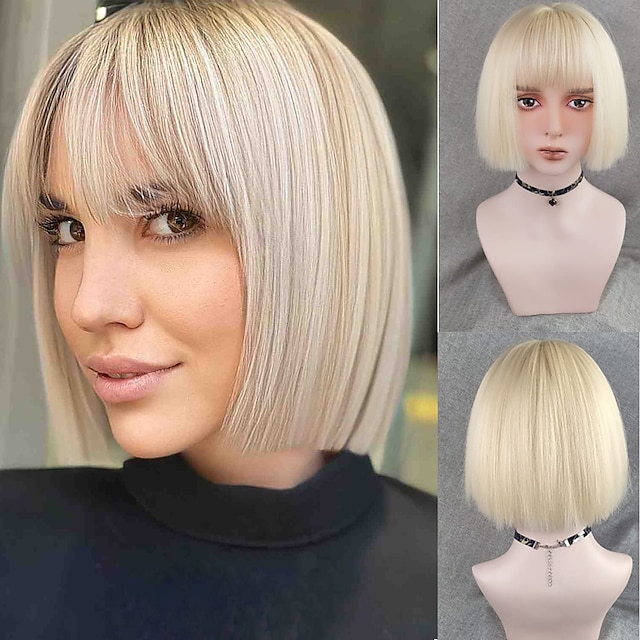 Beauty & Hair Wigs & Hair Pieces | Gray Wigs Short Bob Gray Wigs with Bangs 10 inch Straight Synthetic Brazlian Straight Hair He