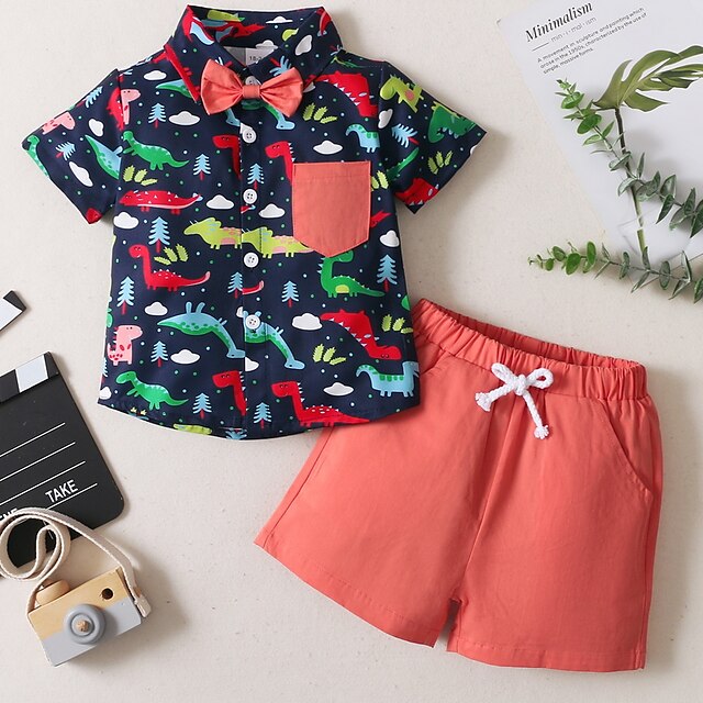 

Kids Boys Shirt Shorts Clothing Set 2 Pieces Short Sleeve Wine Cartoon Dinosaur Animal Drawstring Bow Print Indoor Outdoor Casual Daily Regular 2-6 Years