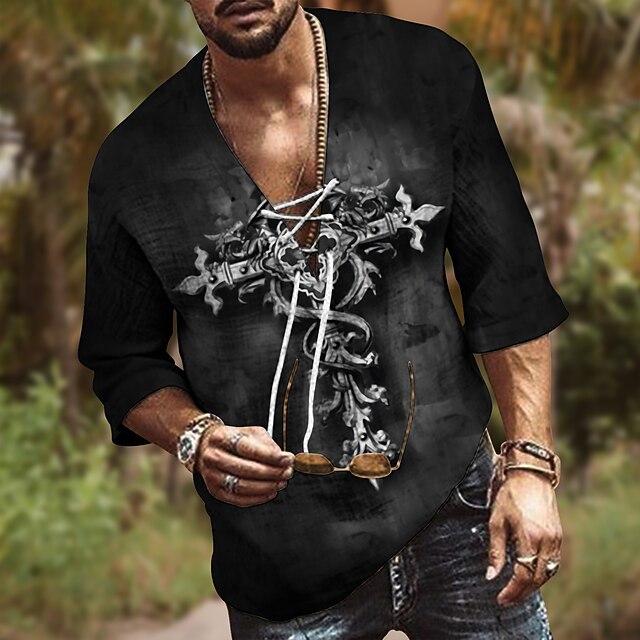 

Men's Shirt 3D Print Cross V Neck Casual Daily 3D Print Drawstring 3/4 Length Sleeve Tops Casual Fashion Designer Comfortable Black