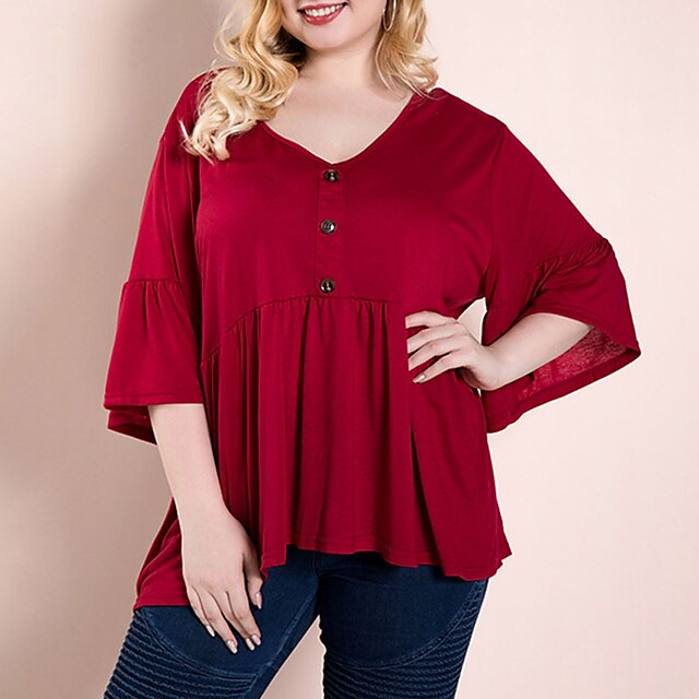 

Women's Plus Size Tops Blouse Shirt Plain Ruffle Button 3/4 Length Sleeve V Neck Vintage Streetwear Daily Going out Polyester Spring Summer Wine