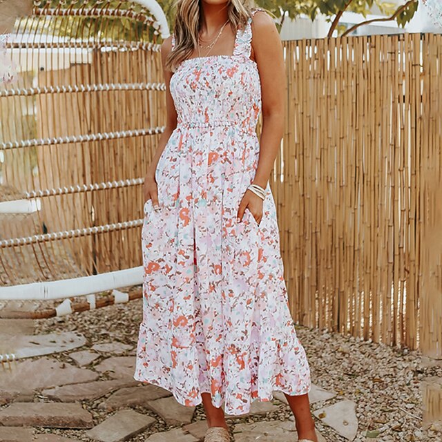 

Women's Swing Dress Maxi long Dress Pink Sleeveless Floral Ruched Pocket Print Spring Summer Square Neck Stylish Casual Vacation 2022 S M L XL