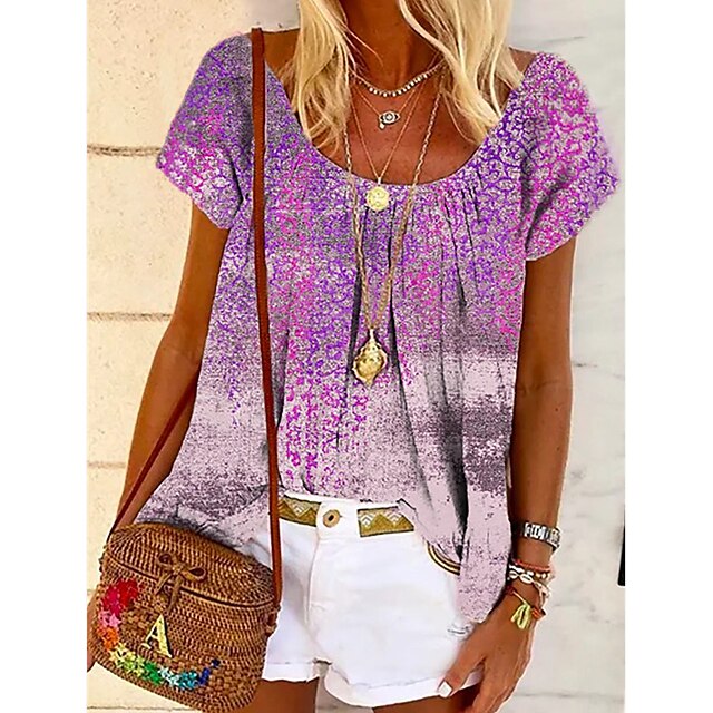 

Women's Painting T shirt Graphic Flowing tunic Print Round Neck Basic Tops Green Blue Purple / 3D Print
