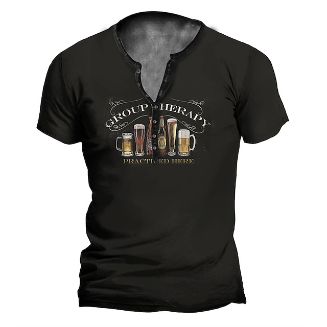 

Men's Henley Shirt T shirt 3D Print Graphic Hand Henley Casual Daily Button-Down Print Short Sleeve Tops Casual Vintage Classic Designer Black / Gray Green Black