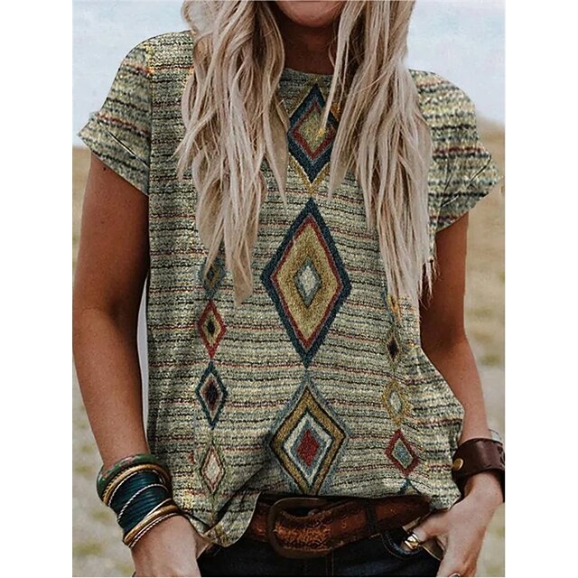 

Women's T shirt Geometric Tribal Patchwork Print Round Neck Basic Ethnic Tops Rainbow / 3D Print