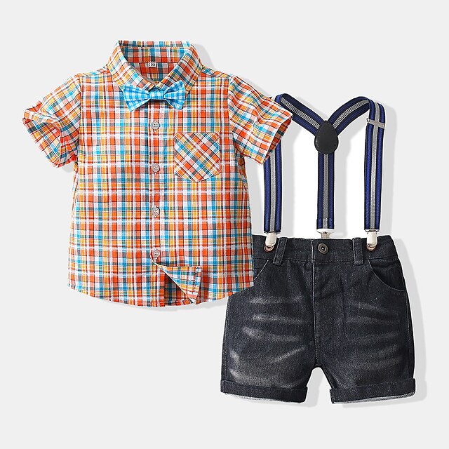 

Kids Boys Children's Day Clothing Set 2 Pieces Short Sleeve Yellow Plaid Print Formal Vacation Gentle Regular 2-6 Years