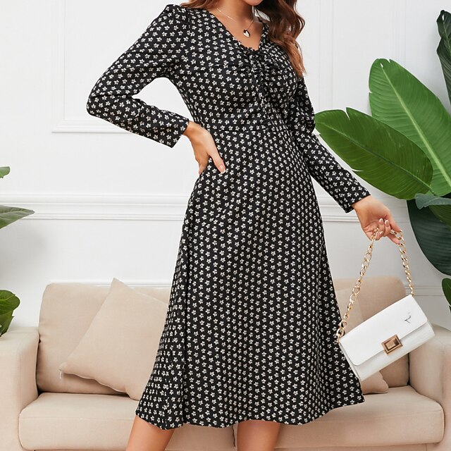 

Women's Floral Dress Midi Dress Black gray Black Navy Blue Long Sleeve Floral Print Spring Summer V Neck Casual Vintage 2022 S M L XL