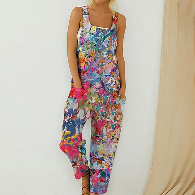 

Women's Jumpsuit Pocket Print Print U Neck Casual Casual Daily Regular Fit Sleeveless Green Red S M L Summer