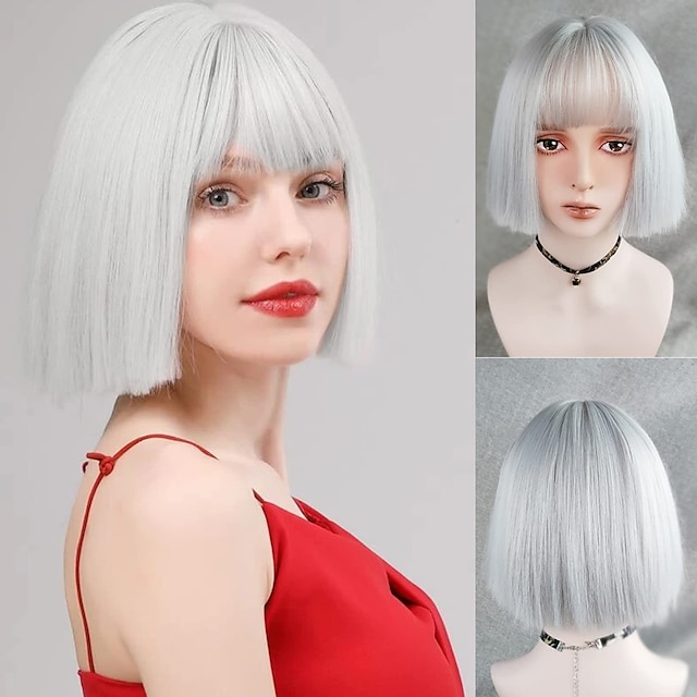 Beauty & Hair Wigs & Hair Pieces | Gray Wigs Short Bob Gray Wigs with Bangs 10 inch Straight Synthetic Brazlian Straight Hair He