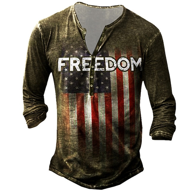 

Men's Unisex Henley Shirt T shirt 3D Print Graphic Prints National Flag Letter Henley Street Daily Button-Down Print Long Sleeve Tops Basic Casual Fashion Retro Army Green