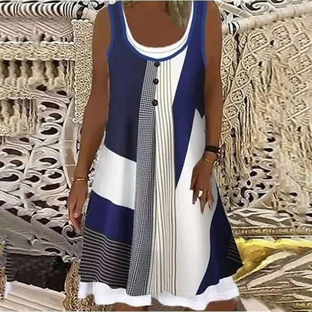 

Women's A Line Dress Short Mini Dress Blue Sleeveless Color Block Patchwork Fake two piece Spring Summer Round Neck Stylish Casual Modern 2022 S M L XL XXL 3XL