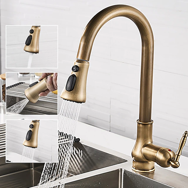 Kitchen Faucet with Sprayer,Antique Brass Pull-out 3-Function Outlet Mode Single Handle One Hole Sink Kitchen Taps with Soap Dispenser or Drain 13