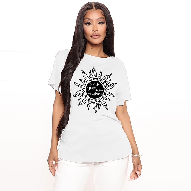 

Women's T shirt Graphic Sunflower Letter Print Round Neck Basic Tops 100% Cotton Green Blue White