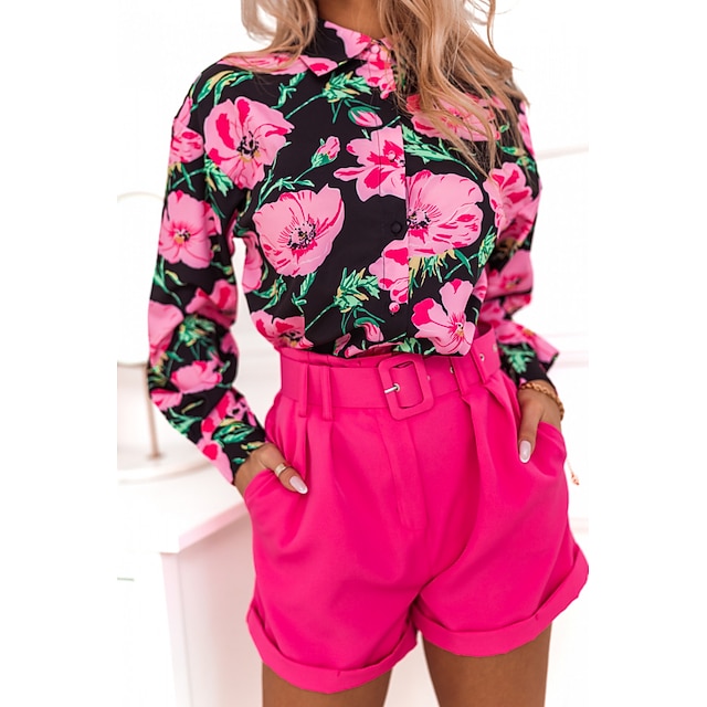 

Women's Floral Theme Blouse Shirt Floral Striped Button Print Shirt Collar Casual Streetwear Tops Black Khaki Orange / 3D Print