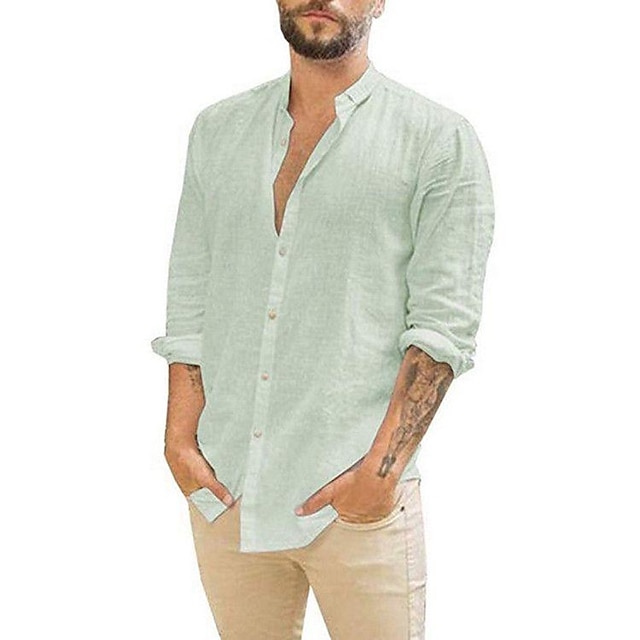 Men's Linen Long Sleeve Casual T-Shirt with Buttons