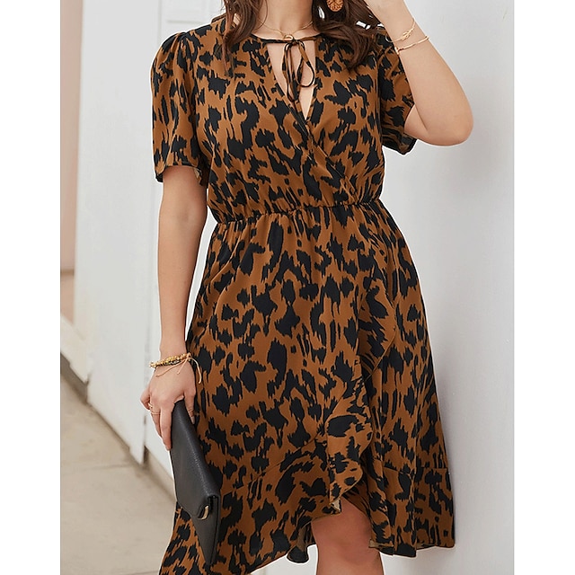 Womens Clothing Plus Size Collection | Womens Plus Size A Line Dress Leopard V Neck Print Short Sleeve Spring Summer Casual Knee