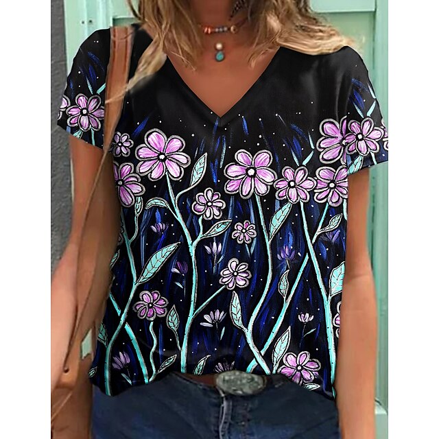 

Women's Floral Theme Painting T shirt Floral Print V Neck Basic Tops Black / 3D Print