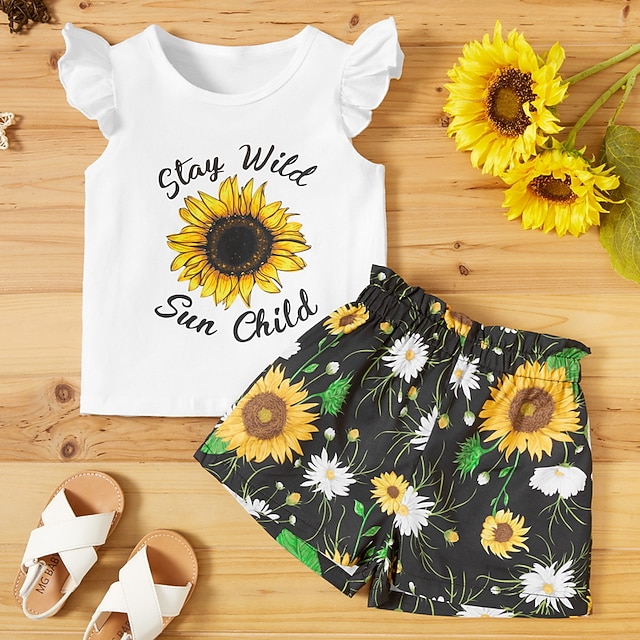

Kids Girls' T-shirt Shorts Clothing Set 2 Pieces Short Sleeve White Floral Letter Ruffle Print Indoor Outdoor Cute Sweet Regular 2-6 Years