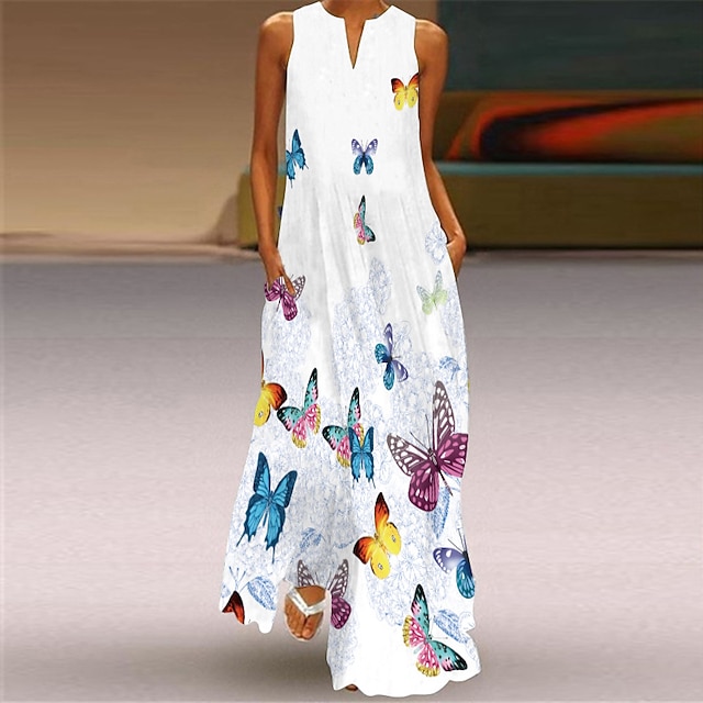 

Women's Shift Dress Maxi long Dress Light Pink White Pink Yellow Sleeveless Floral Butterfly Color Block Pocket Print Summer Crew Neck Stylish Elegant Casual 2022 5XL S M L XL XXL 3XL 4XL