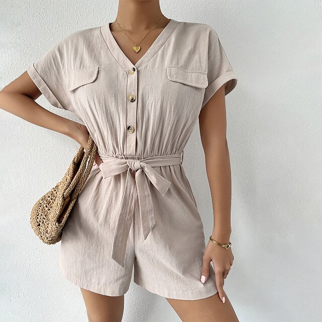 

Women's Romper Pocket Button Front Solid Color V Neck Basic Street Vacation Regular Fit Short Sleeve Apricot S M L Spring