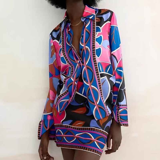 

Women's Shirt Color Block Print Shirt Collar Bohemian Style Tops Blue