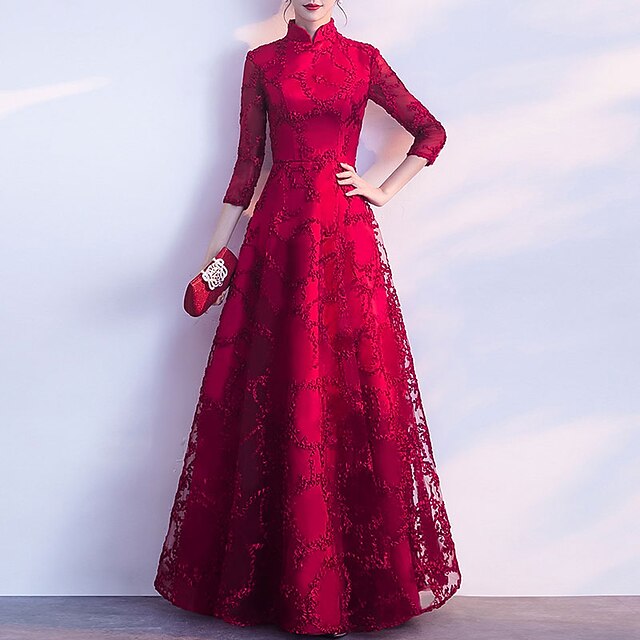 A-Line Evening Gown Vintage Dress Wedding Guest Prom Floor Length 3/4 Length Sleeve Stand Collar Tulle with Pleats Appliques 7