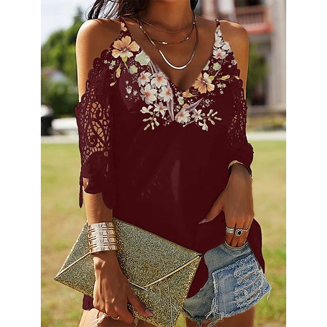 

Women's Floral Theme Painting T shirt Floral Cut Out Lace Cold Shoulder V Neck Basic Tops Black Purple Red