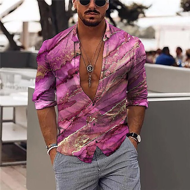 

Men's Shirt 3D Print Marble V Neck Casual Daily 3D Print Long Sleeve Tops Casual Fashion Designer Comfortable Purple