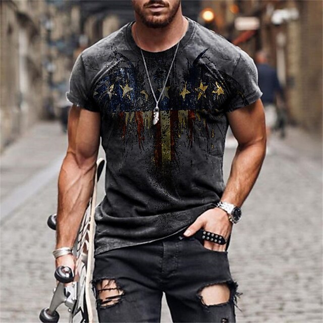 

Men's Unisex T shirt 3D Print Graphic Prints National Flag Crew Neck Street Daily Print Short Sleeve Tops Basic Casual Fashion Retro Gray