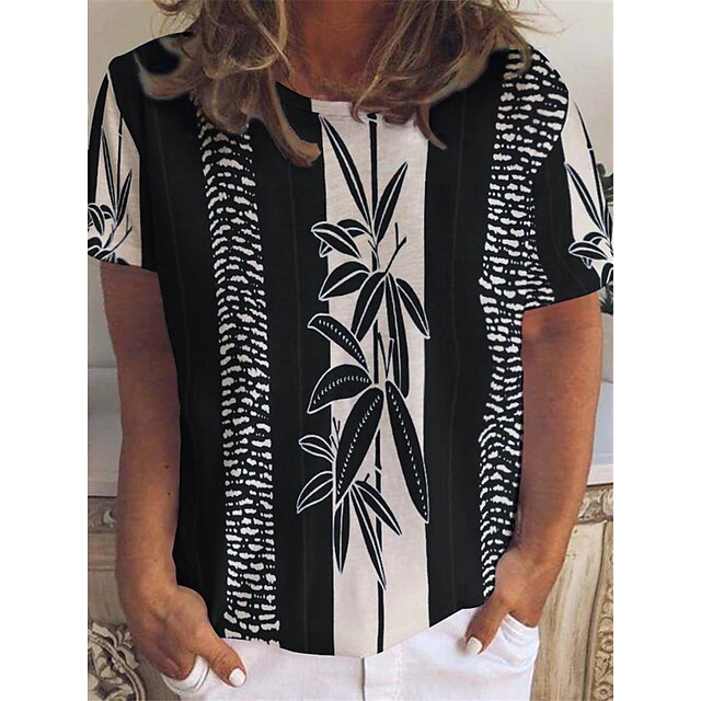 

Women's Plus Size Tops T shirt Striped Leaf Print Short Sleeve Crewneck Streetwear Daily Going out Polyester Spring Summer Green Blue