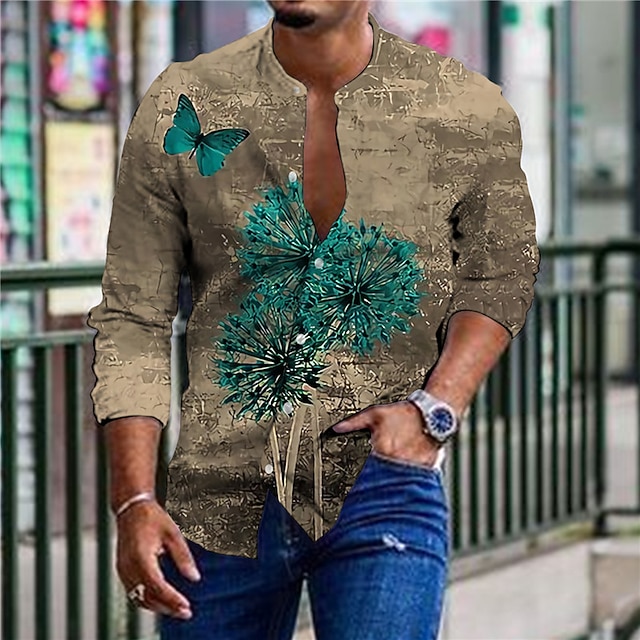 

Men's Shirt 3D Print Butterfly Animal Stand Collar Casual Daily Button-Down Print Long Sleeve Tops Casual Fashion Designer Comfortable Khaki