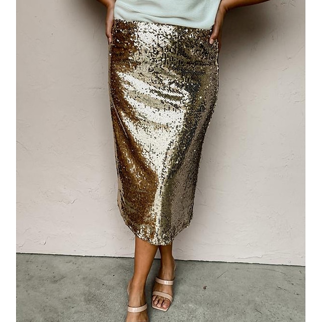 

Women's Fashion Calf-Length Skirts Bar Weekend Solid Colored Sequins Gold S M L