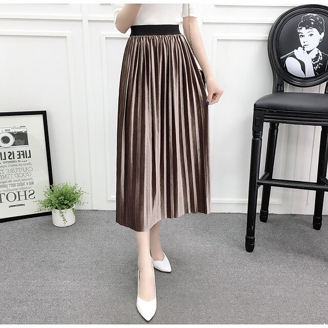

Women's Fashion Ankle-Length Skirts Vacation Casual / Daily Solid Colored Pleated Green Black Gray S M L