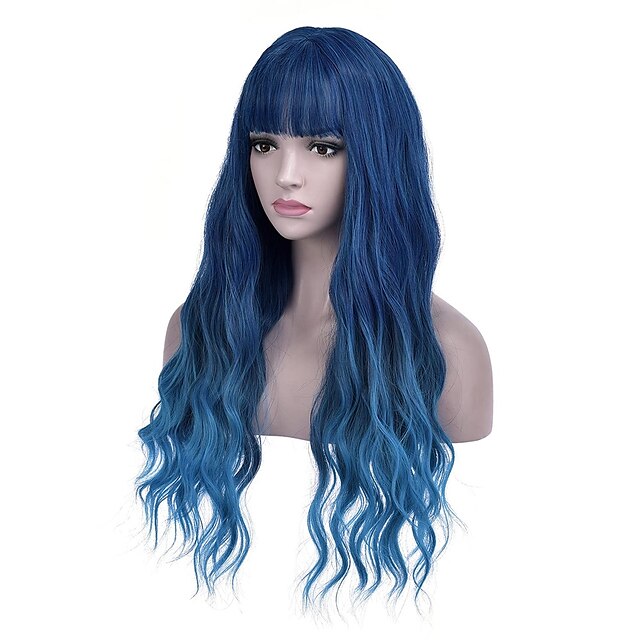 Beauty & Hair Wigs & Hair Pieces | Blue Wig with Bangs Long Curly Wavy Wig Mixed Blue Hair Wig 28 Inches Women Girls Synthetic H